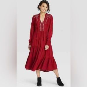 Knox Rose Red/Rouge embroidered pheasant dress w pockets long sleeves